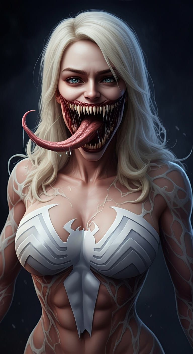 Cyberpunk Goddess Devours Symbiote in Dark Fantasy