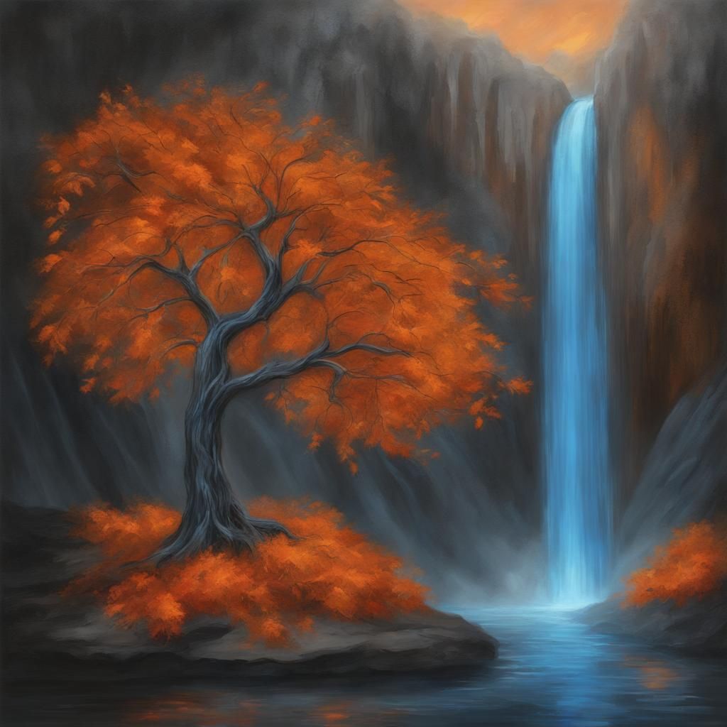 Fantasy Art: Tree with Orange Leaves and Blue Waterfall