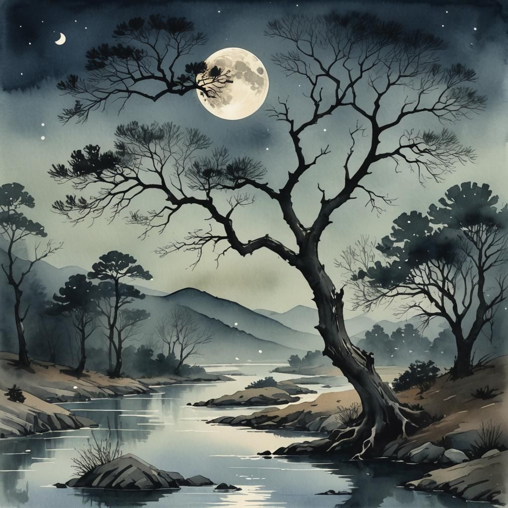 Meandering river flowing under a full moon...