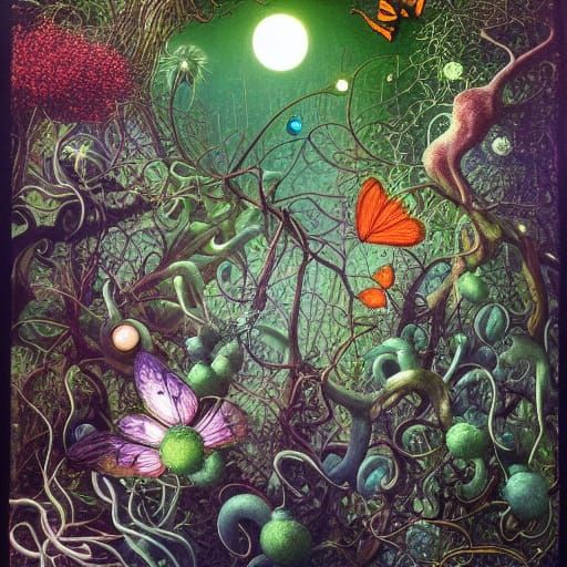 Glowing Night Forest Scene in Visionary Art Style