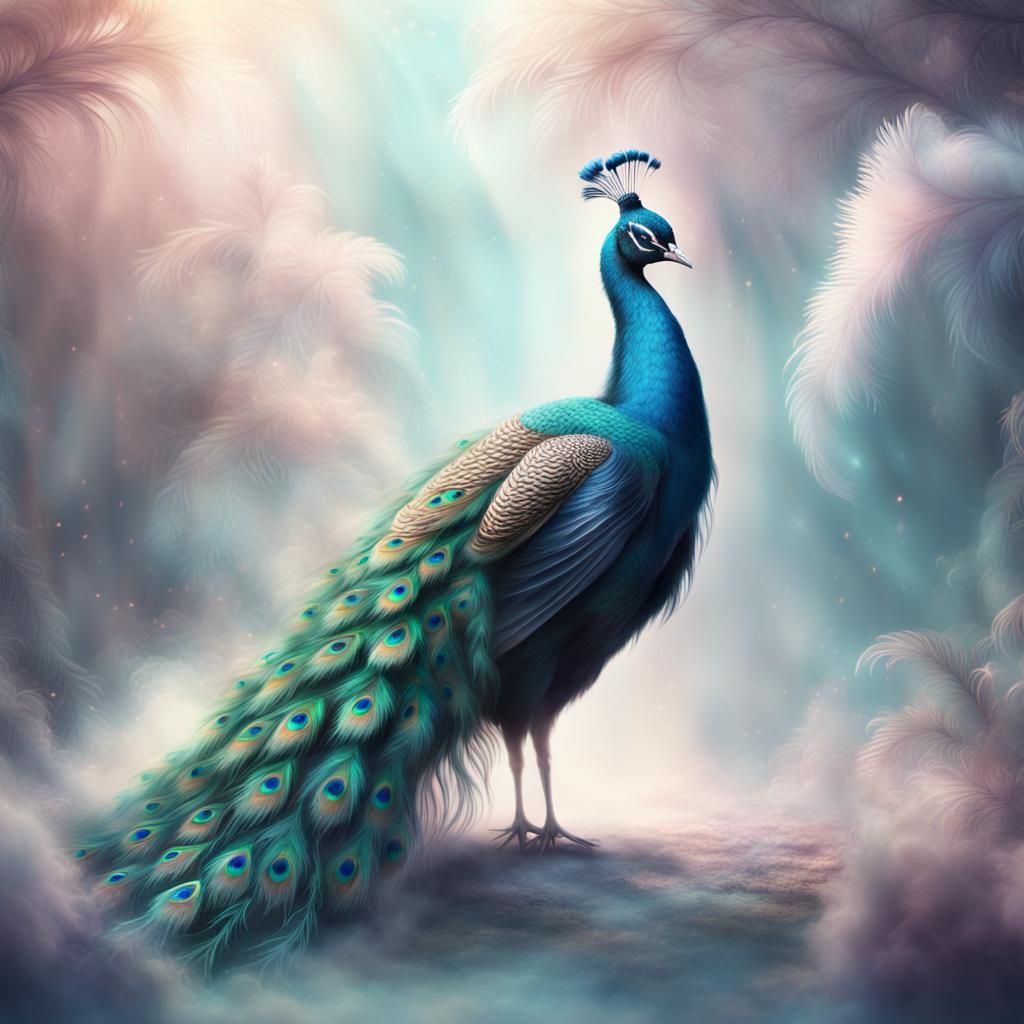 Elegant Peacock with Magical Smoke: Fantasy Illustration