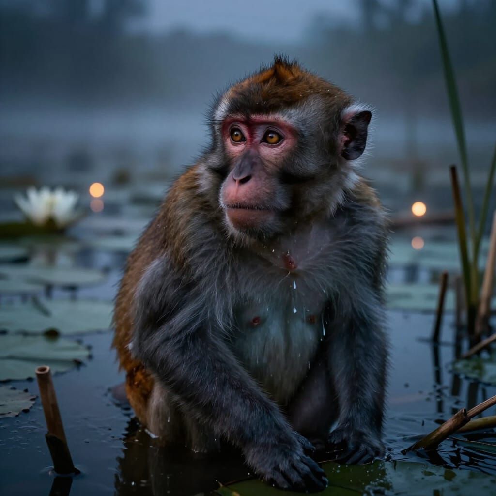 Hyperrealistic Monkey Gazing Into Swamp at Dusk