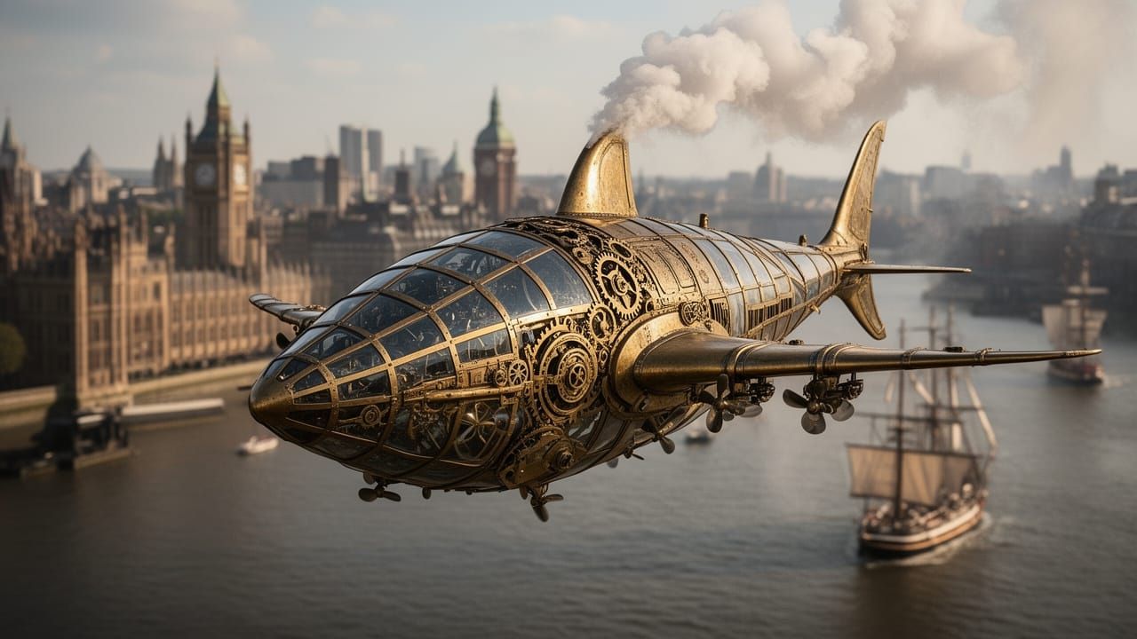 Steampunk Shark Aircraft Flying Over Victorian London
