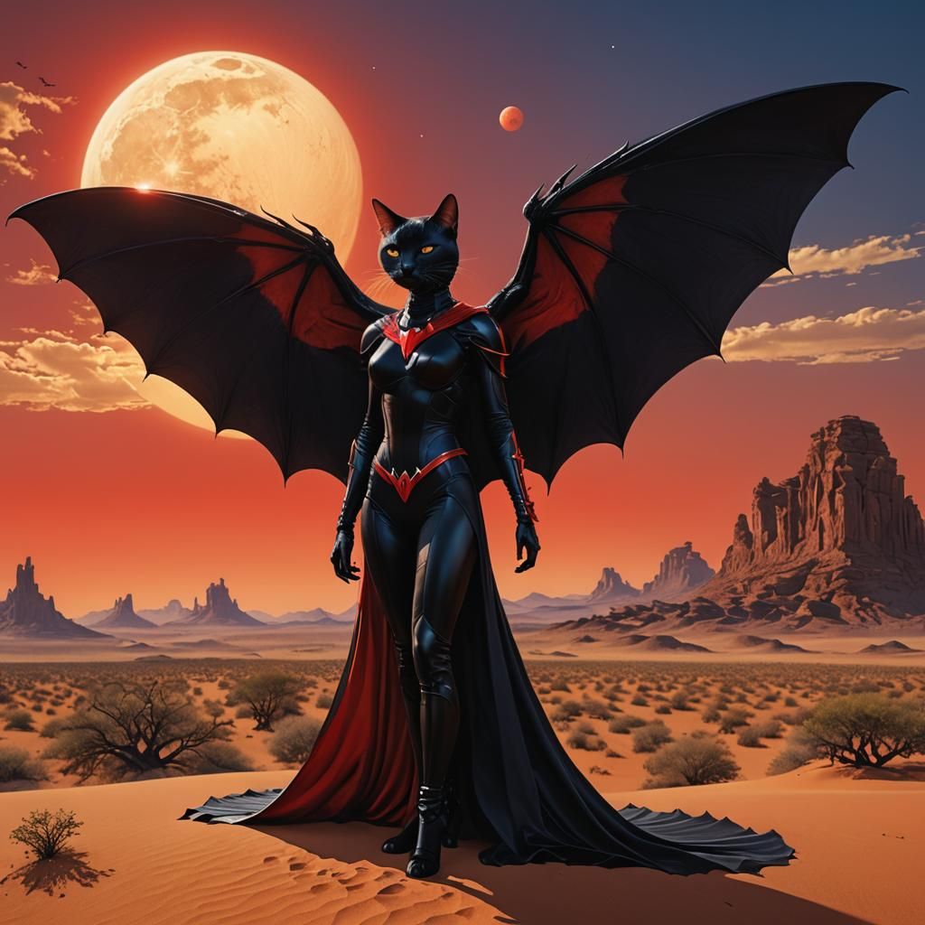 Post-Human Cat Supermodel with Saturn and Wings