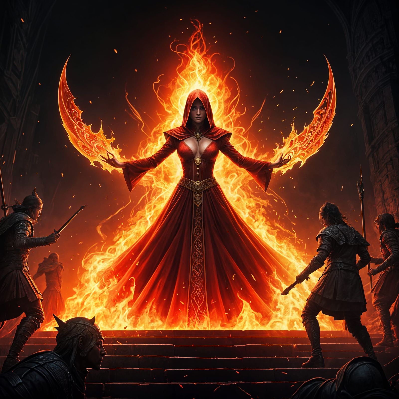 Fire Sorceress Battles Soldiers in Dark Fantasy Art