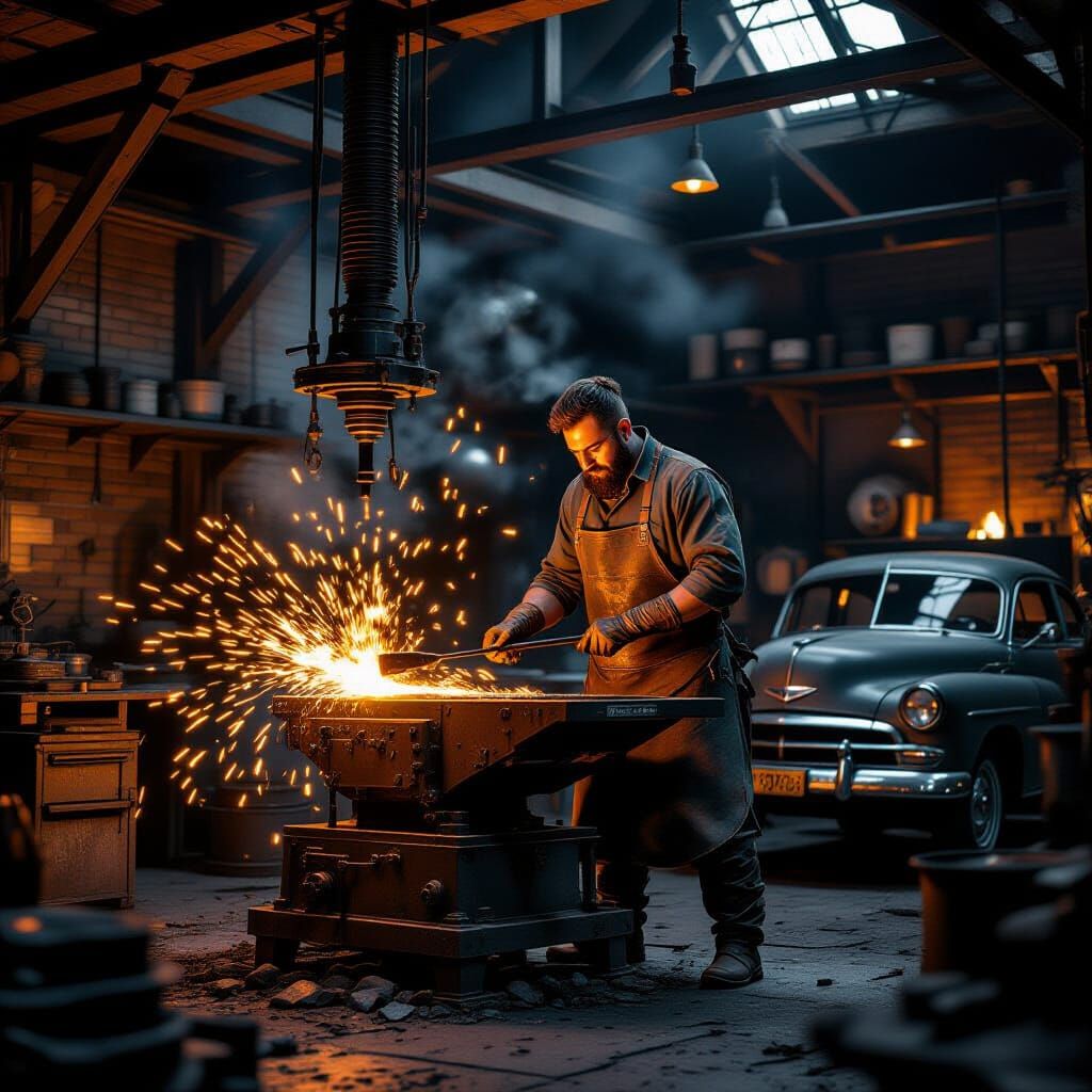 Futuristic Blacksmith Shop with Metal Art