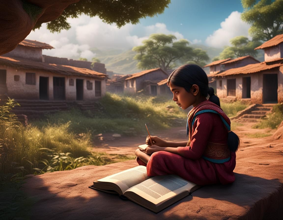 Indian Girl Reading at Village School: Detailed Matte Painti...