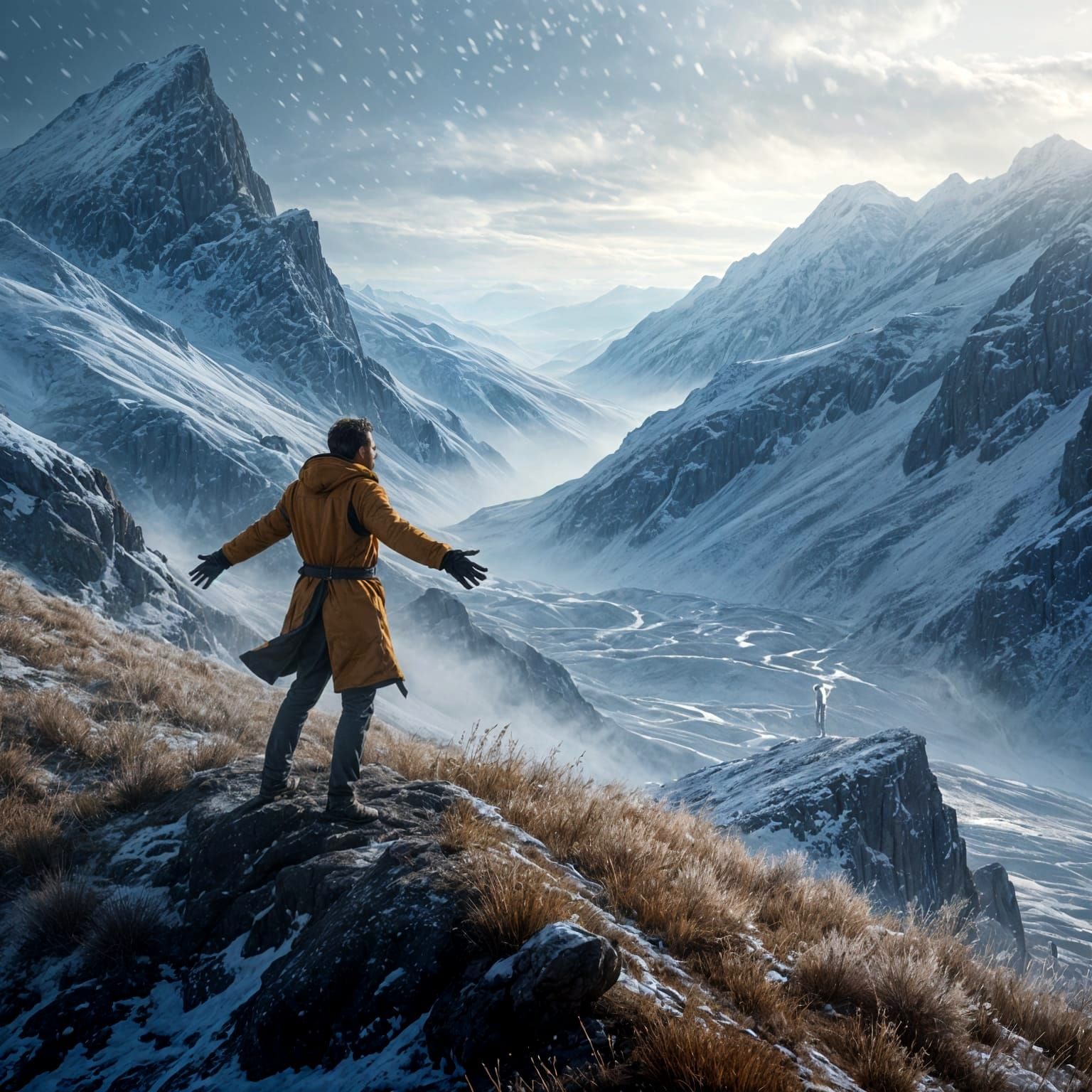 Man Bracing Winter Storm on Hillside