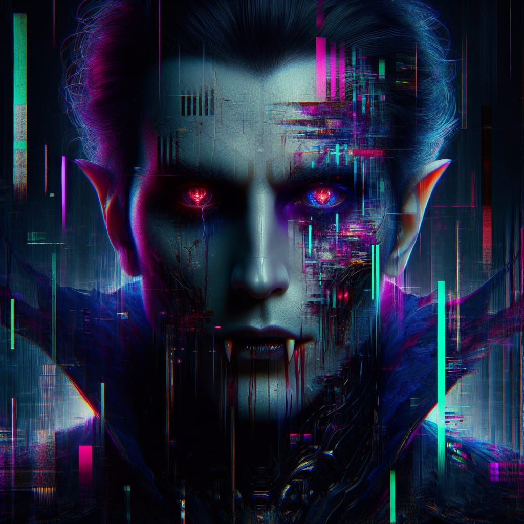 Glitched Vampire Portrait in Dark Fantasy Style