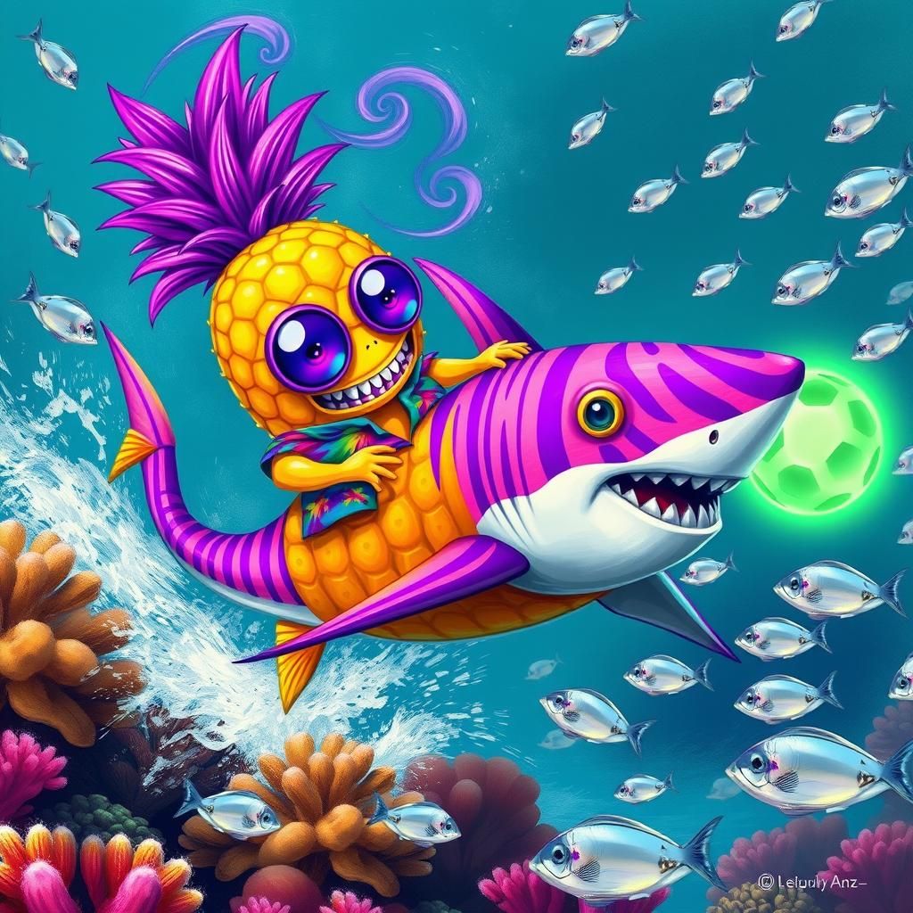 Pineapple Creature Rides Shark in Vibrant Coral Reef