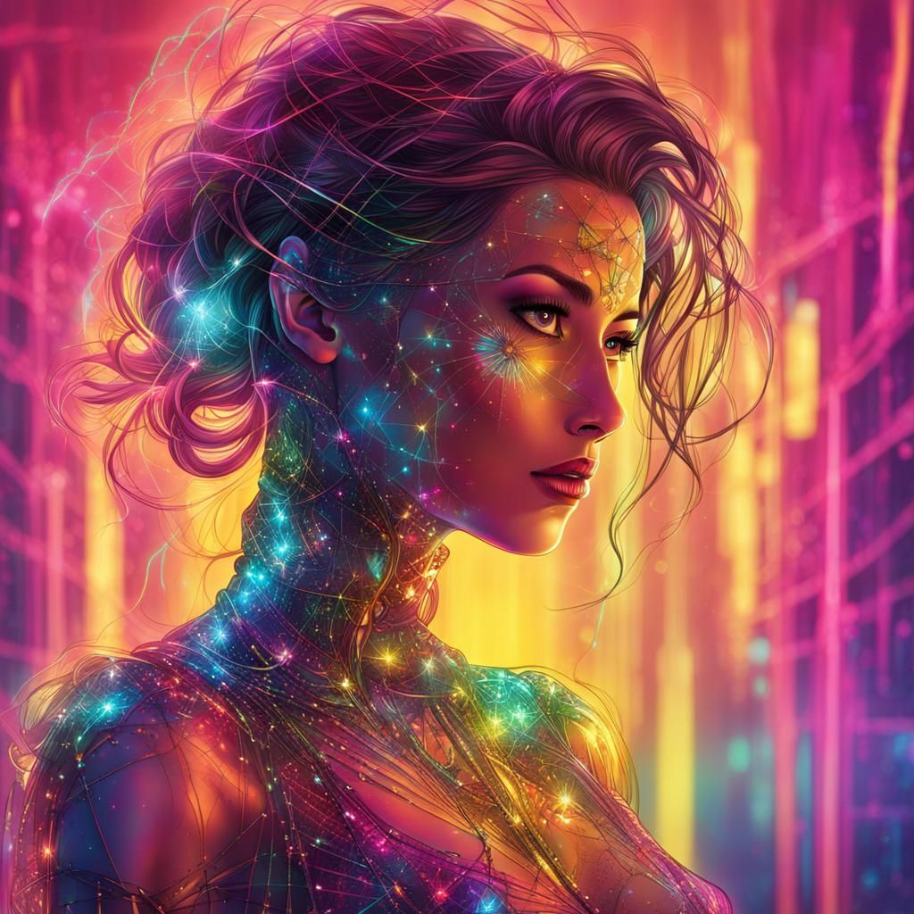 Translucent Woman Silhouette in Cyberpunk Neon Lights