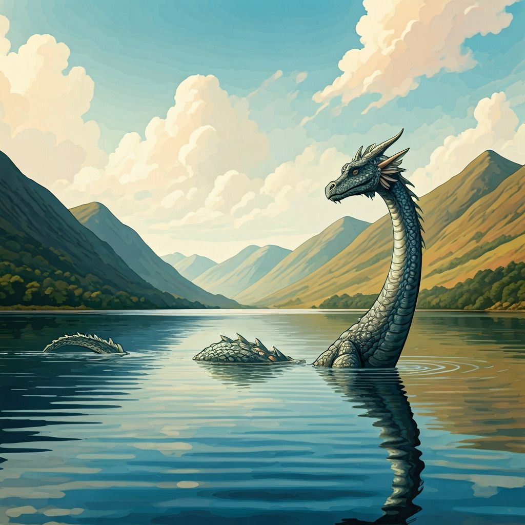Loch Ness Monster in Watercolour Lake Scene