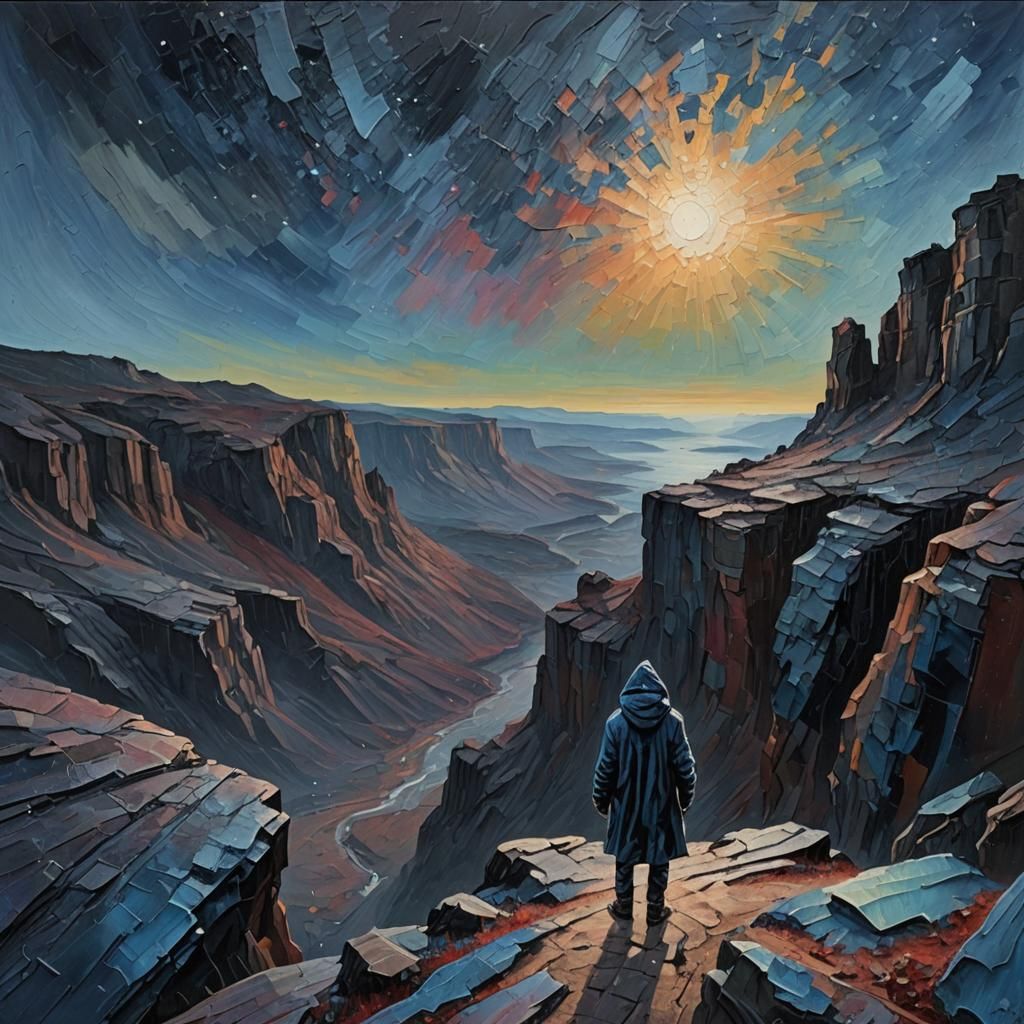 Ominous Figure Steps Into Starry Void: Impasto Art