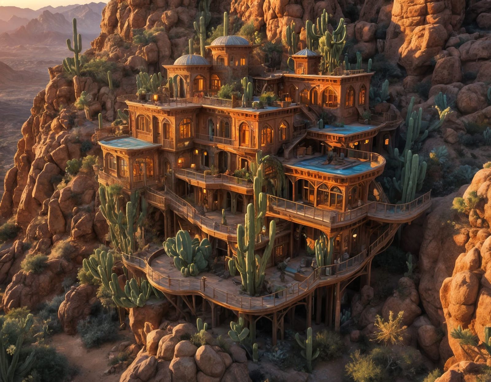 Cactus Treehouse Palace in Sunset Desert, Fantasy Art