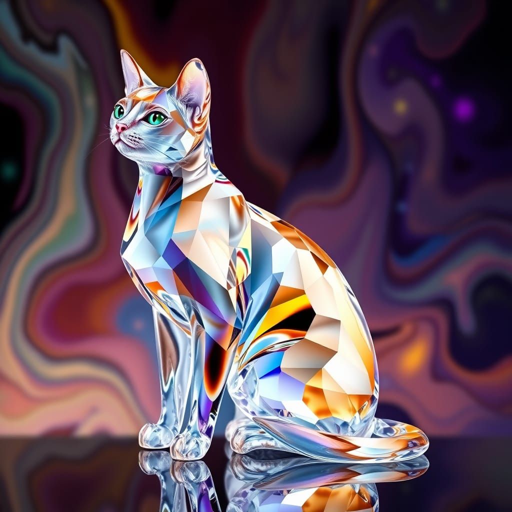 Elegant Crystal Cat in Vibrant Fluid Background
