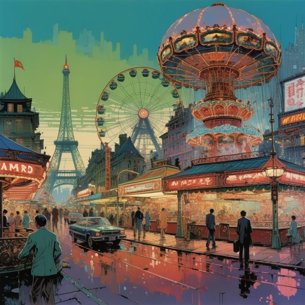 Amusement Park Cityscape in Illustrative Style