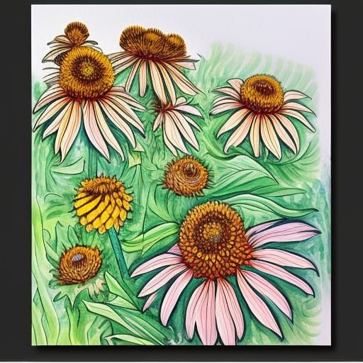 Detailed Zentangle Coneflower in Gouache Style