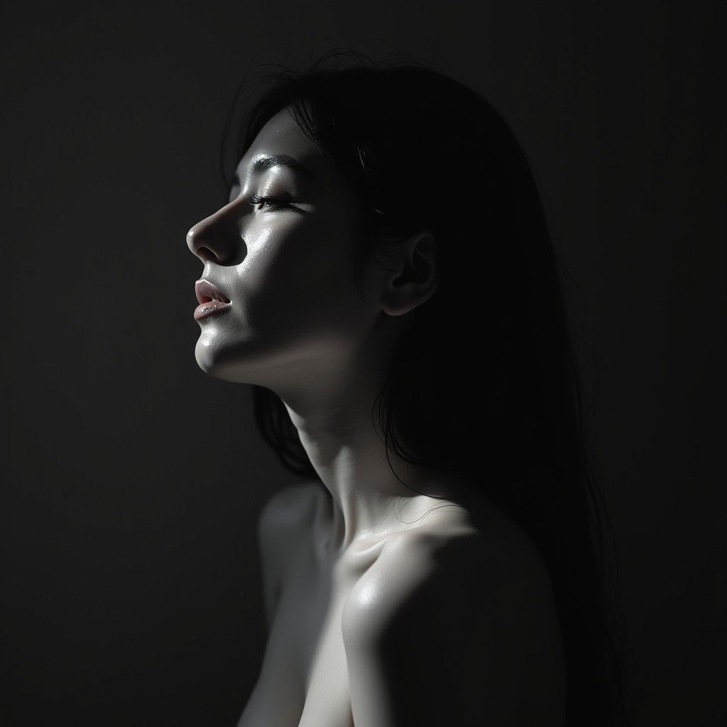 Ethereal Woman Bathed in Shadows: Grayscale Portrait