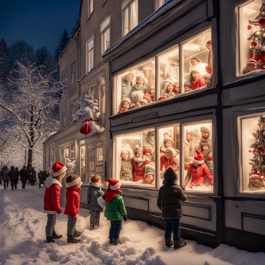 Children Gaze at Festive Shop Window Display