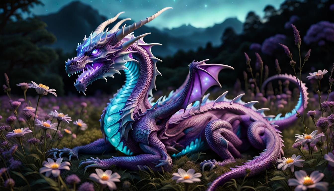 Bioluminescent Purple Dragon in Flower Field