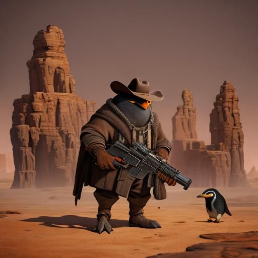 Penguin Cowboy in Desert Wasteland: Digital Matte Painting