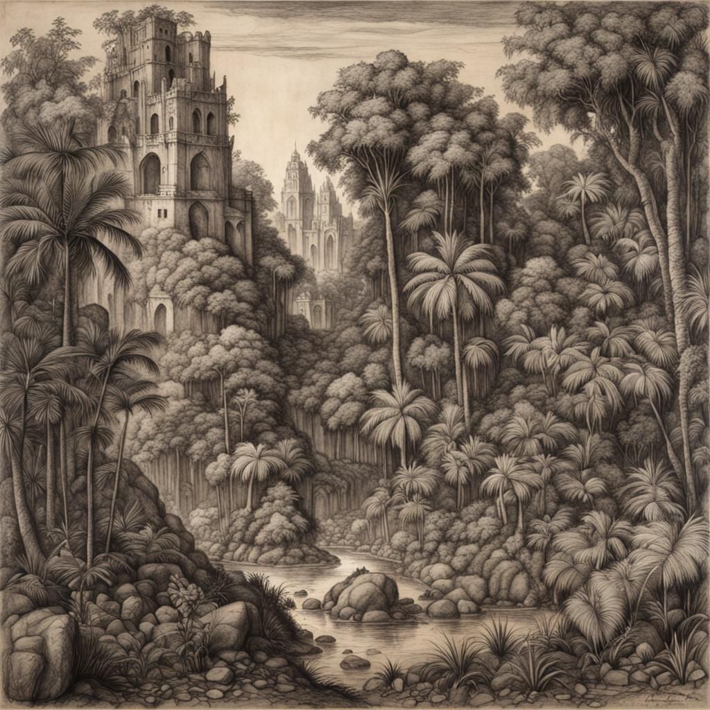 Hyperdetailed Charcoal Jungle Ruins