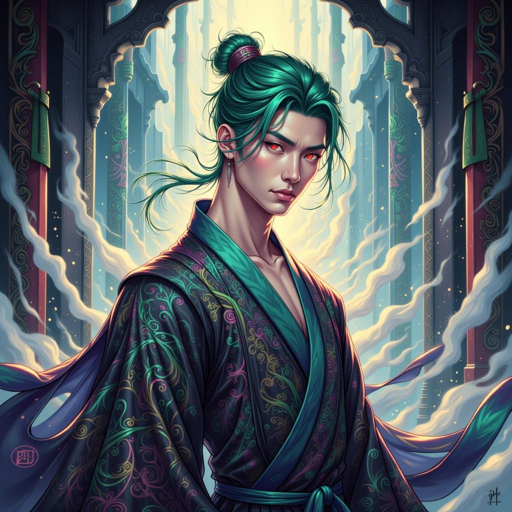 Regal Korean Prince with Ethereal Green Hair