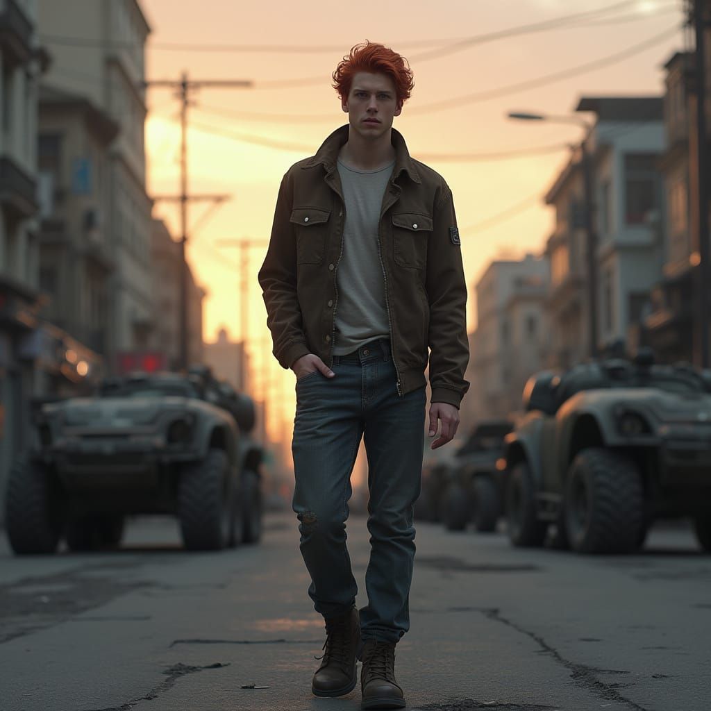 Dystopian City Street Action Scene with Red Haired Man