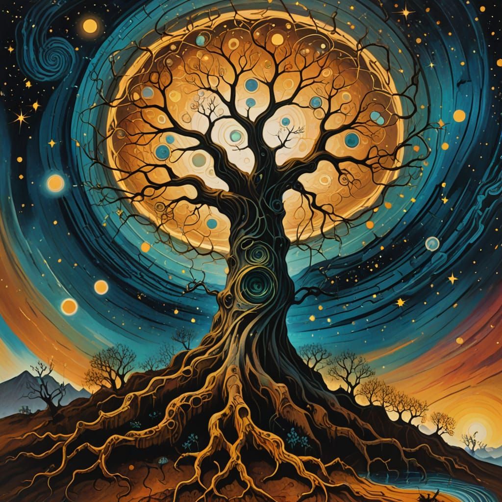 Ancient Tree with Cosmic Roots in Expressionist Style