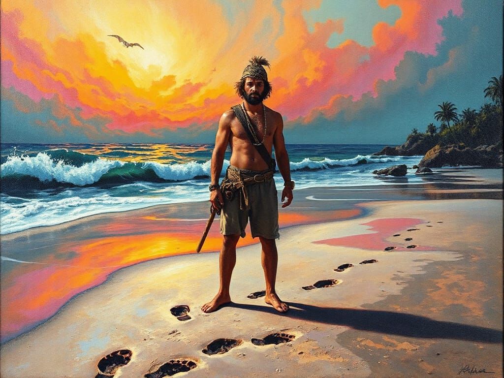 Surreal Robinson Crusoe and Man Friday on a Dreamlike Beach