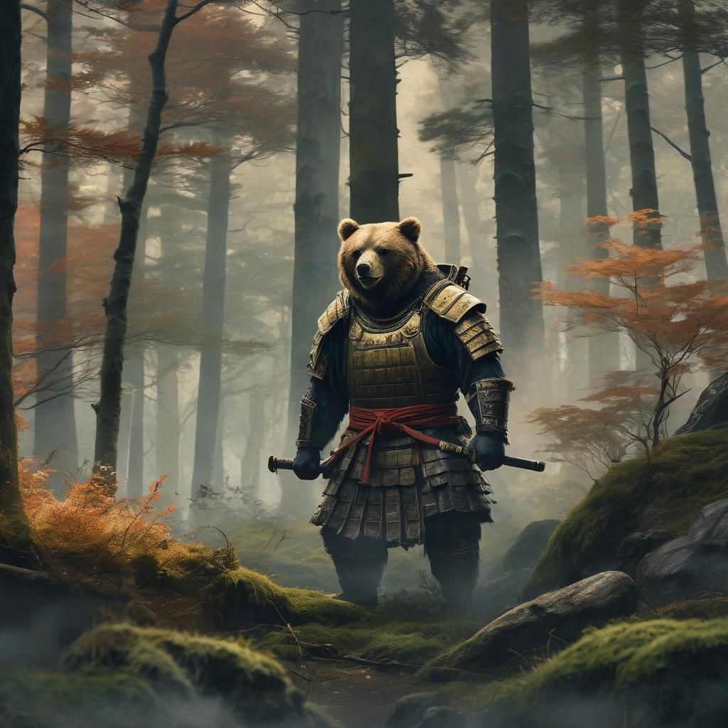 Samurai Bear in Misty Forest: Ukiyo-e Style