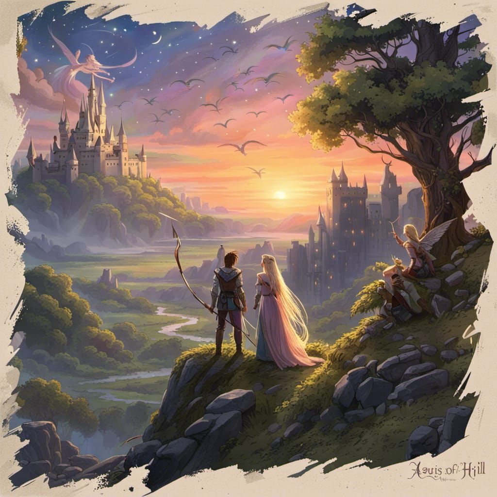 Elven Archers Watch Sunset in Magical Landscape