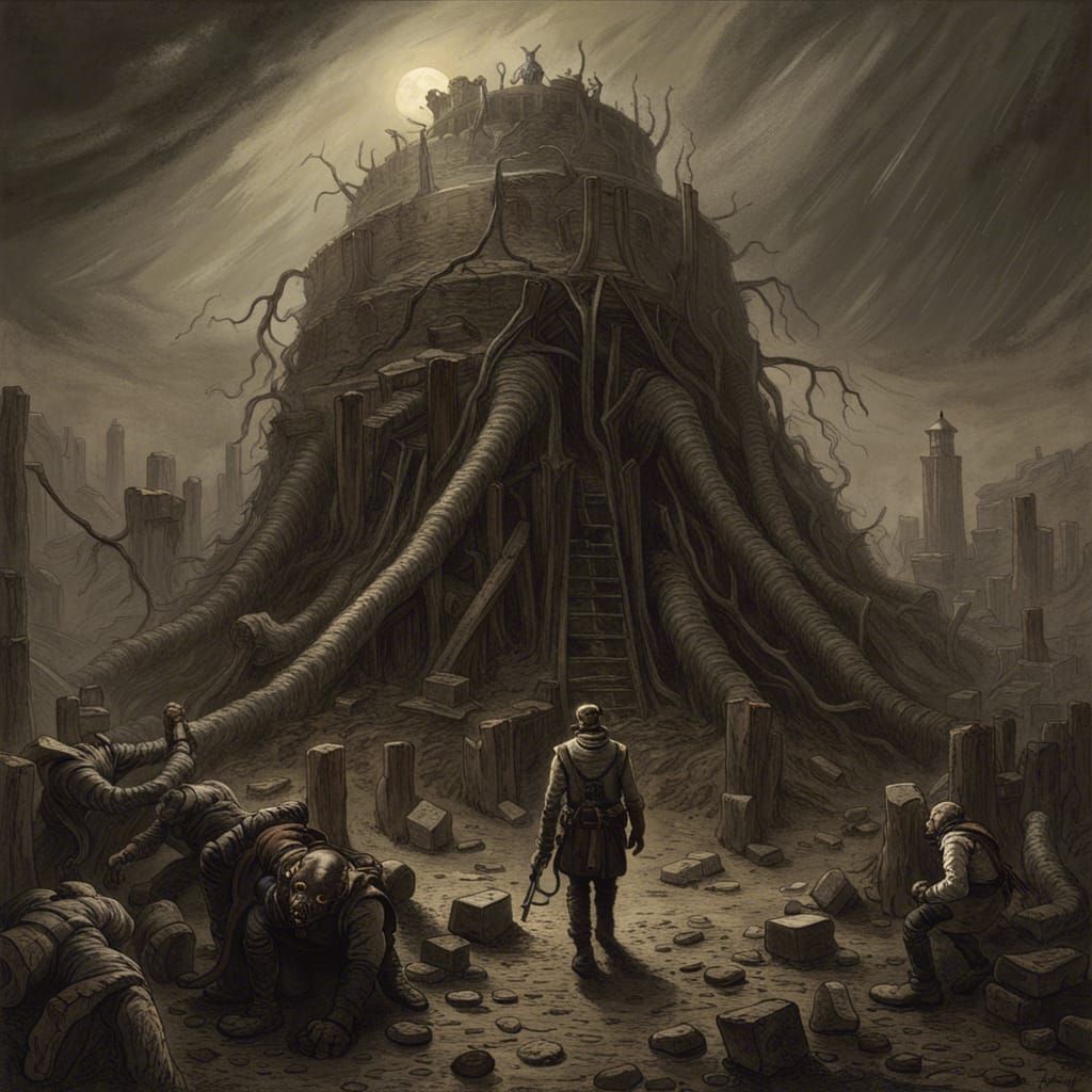 Haunting Post-Apocalyptic Scene in Horror Art Style