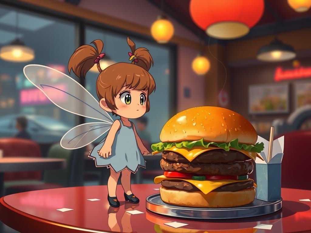 Tiny Pixie Amazed By Giant Cheeseburger in Diner