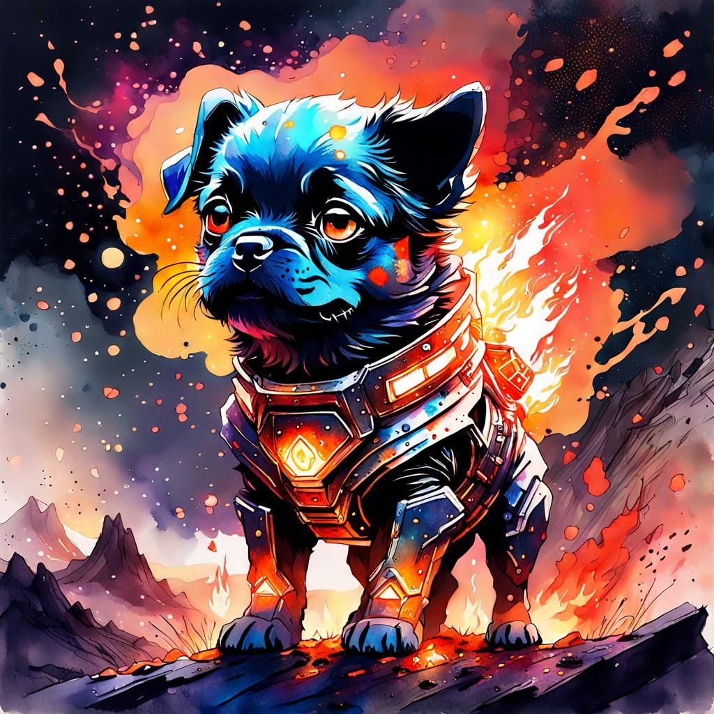 Fiery Armored Puppy in Digital Watercolor Style