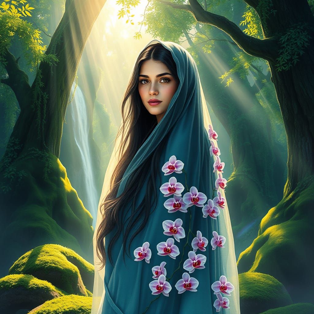 Serene Arab Goddess Amidst Ancient Forest Waterfalls