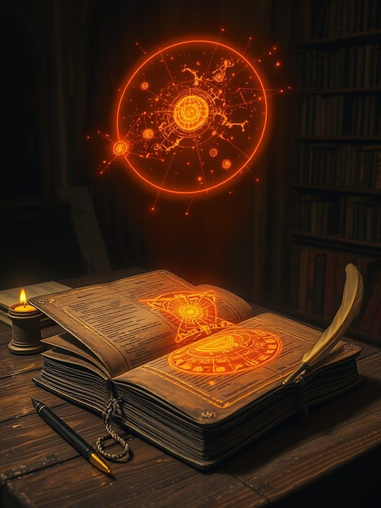 Ancient Leather-Bound Book Illuminated by Futuristic Hologra...