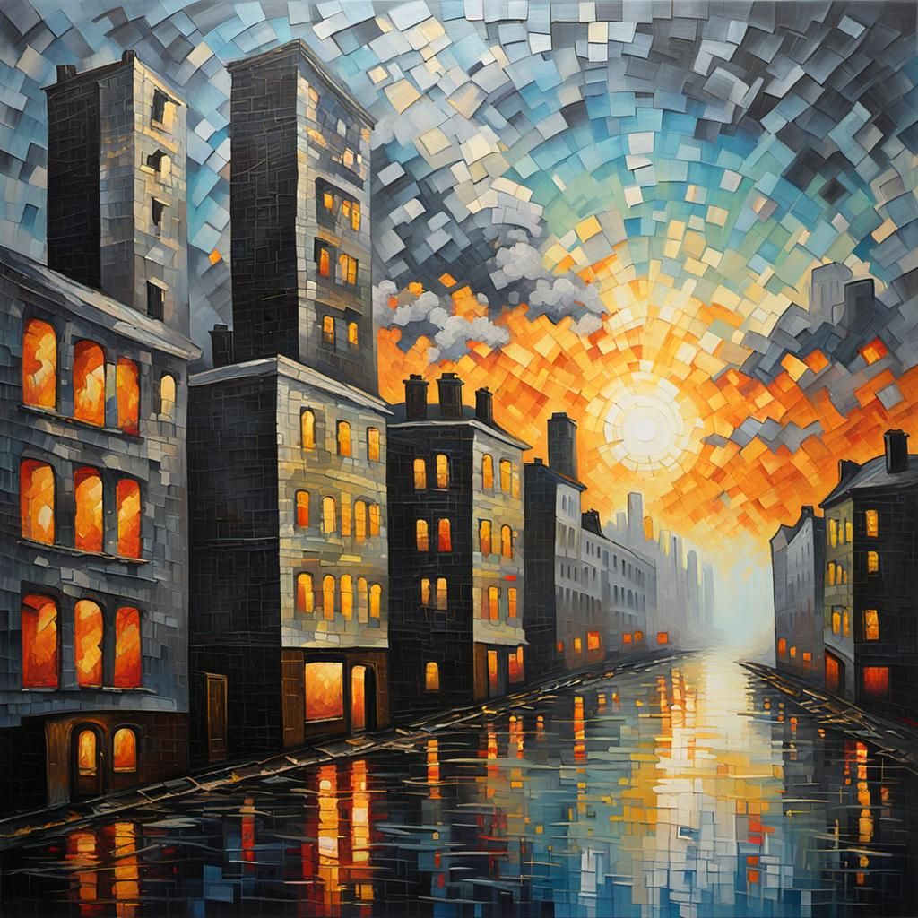 Dystopian Cityscape in Pointillist Expressionist Style