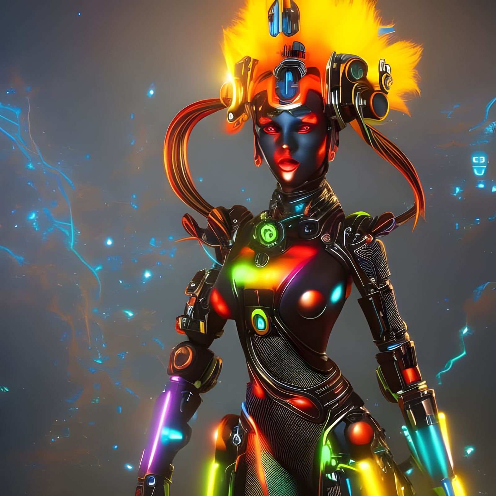 Neon Cyberpunk Cyborg Goddess in Steampunk Style