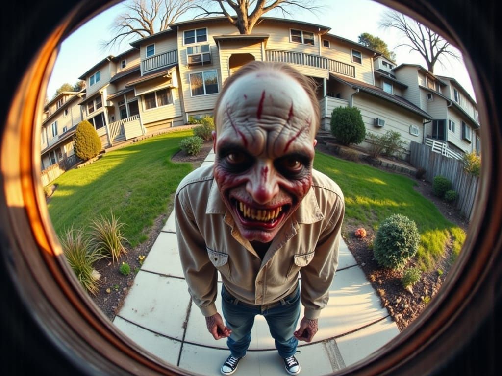 Fisheye Lens Horror: Zombie Peers into Ring Doorbell Camera