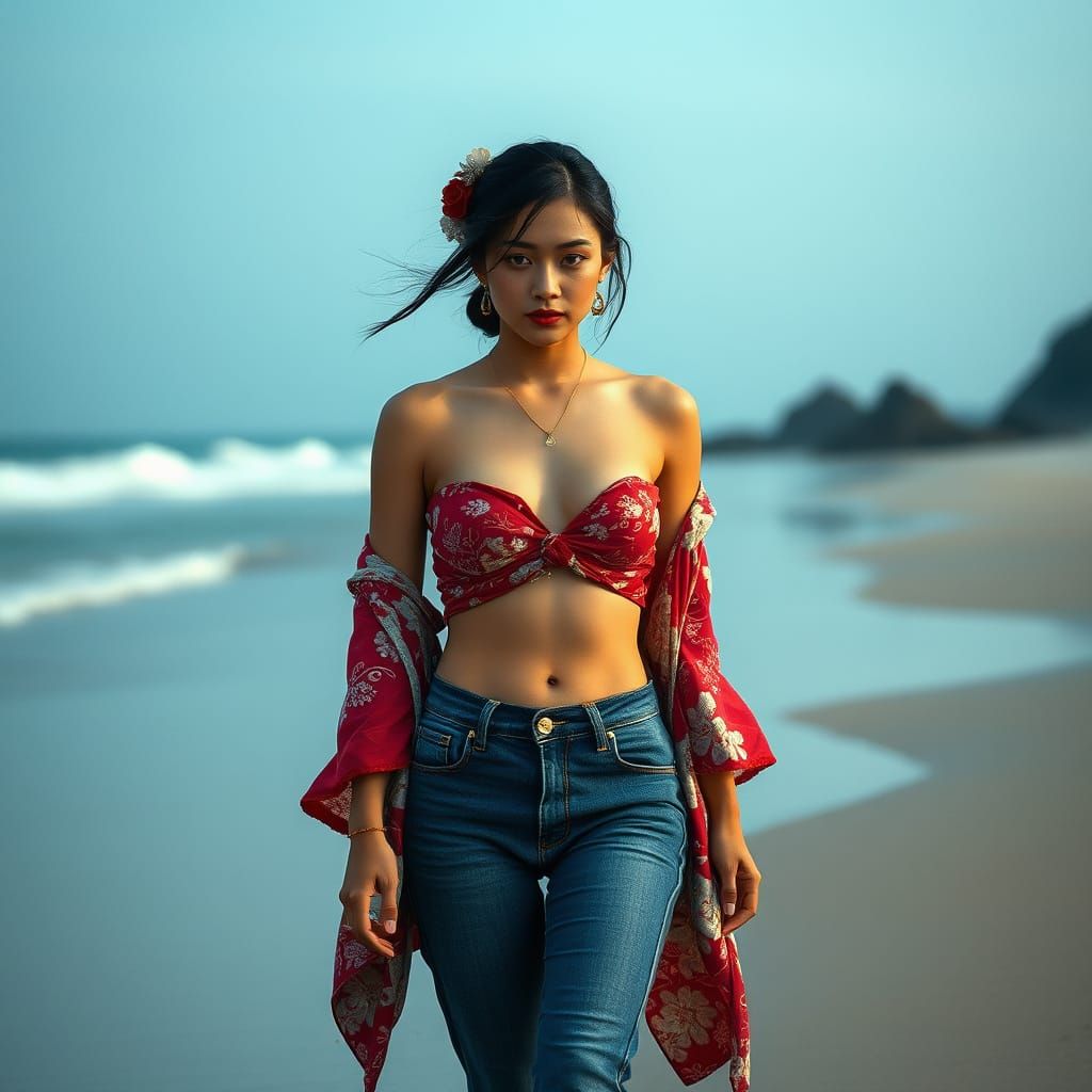 Jeans and Croptop Beach Walk: Photorealistic Geisha Style