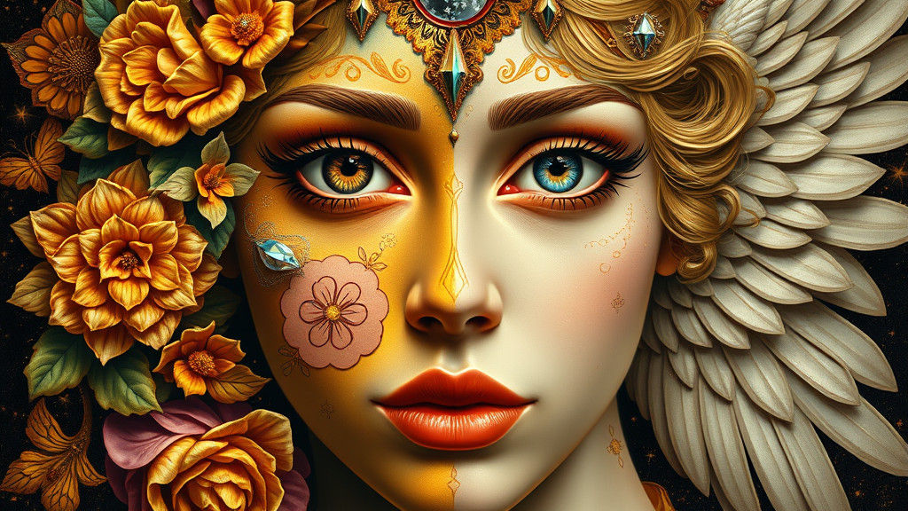 Surreal Split Face Portrait in Maximalist Style