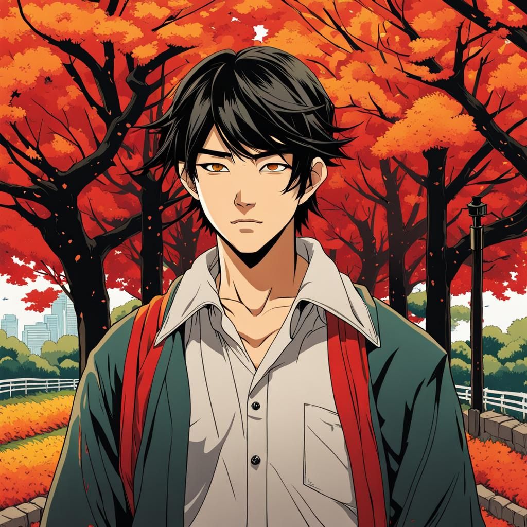 pen and ink - photorealistic anime boy - Autumn Season