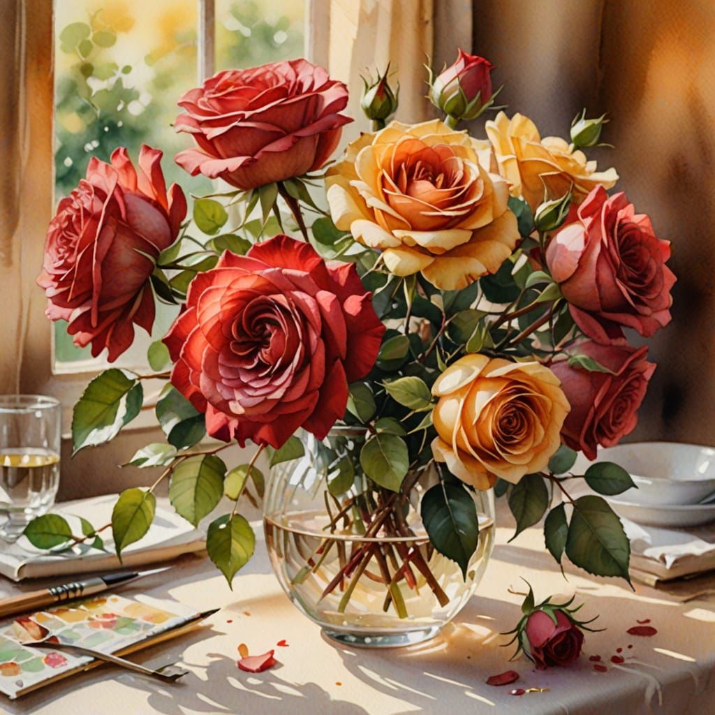 Watercolor Red Rose Bouquet with Soft Focus