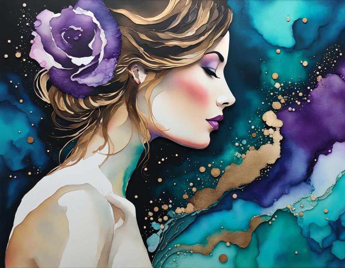 Alcohol Ink Portrait of Woman with Cosmic Details