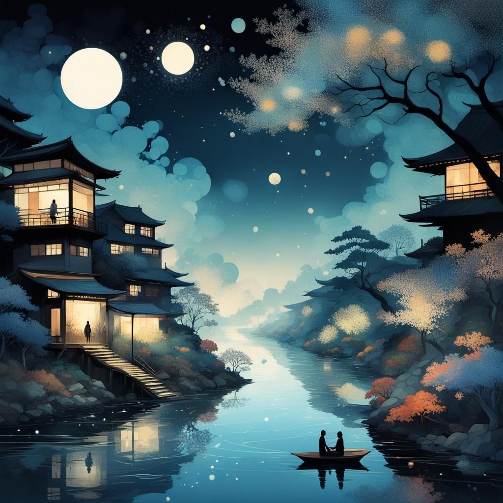 Opalescent Galaxies in Liquid Moonlight Night