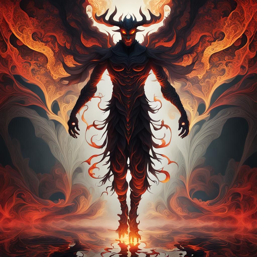 Fiery Winged Figure in Dark Digital Art Style
