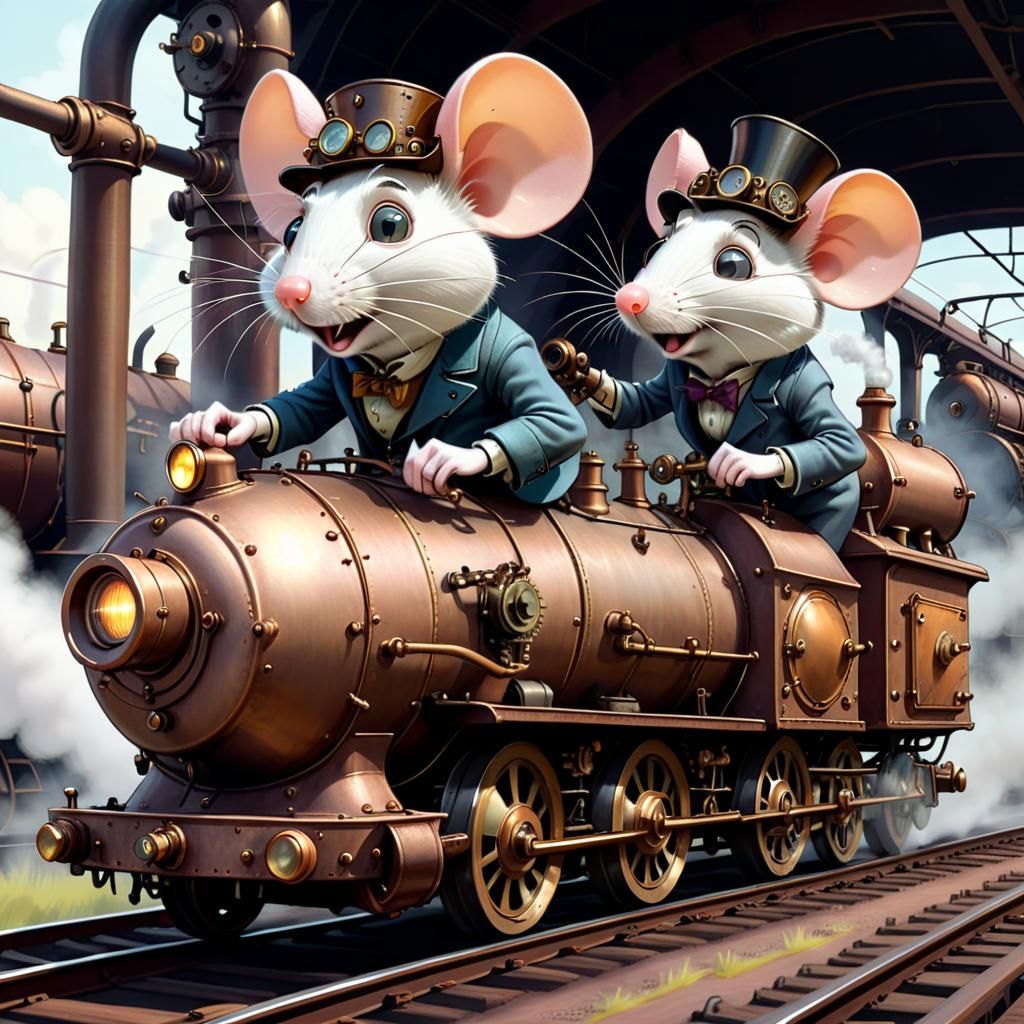 Steampunk Mice Driving Train in Cartoon Style
