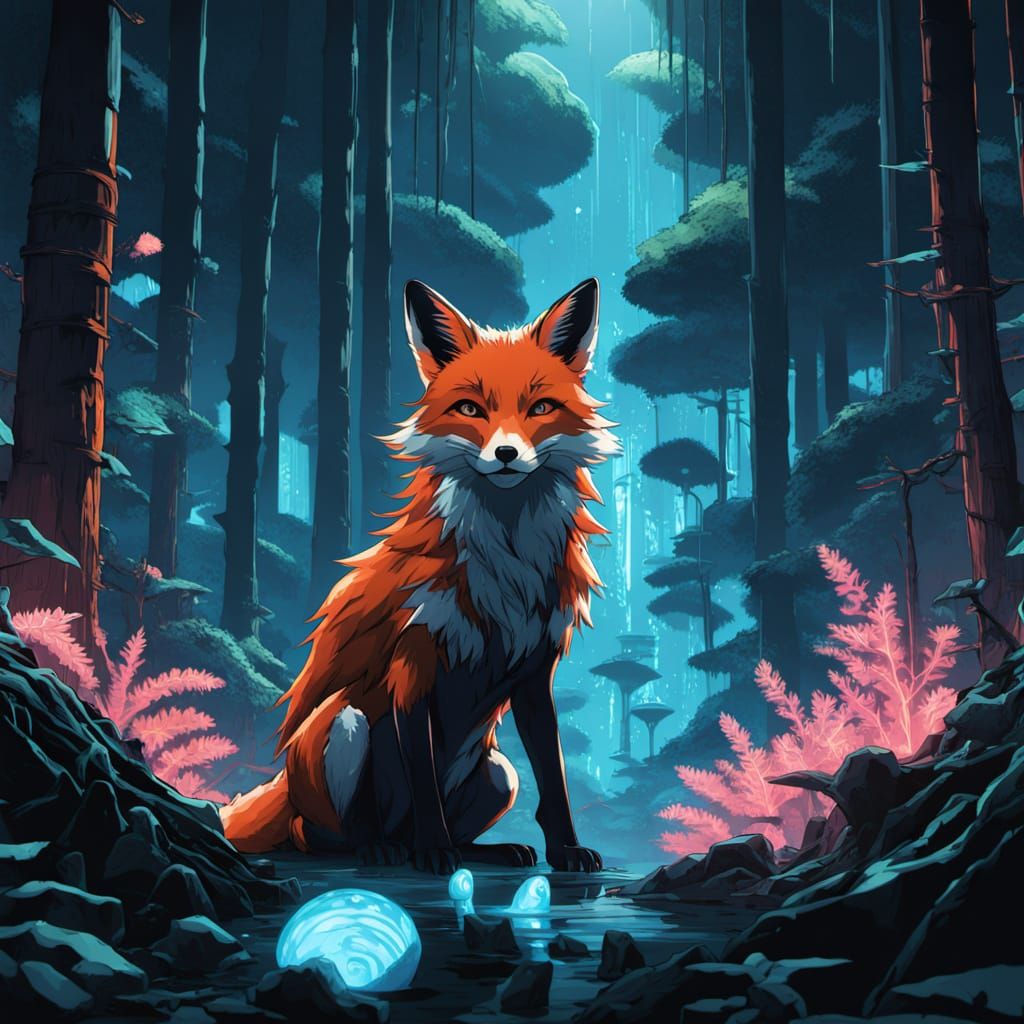 Cyberpunk Fox in Bioluminescent Forest