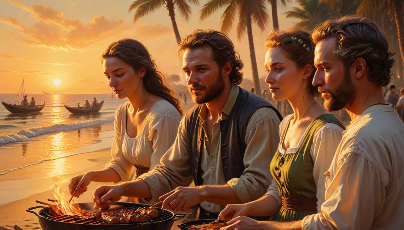 Beach Barbecue at Sunset in Rembrandt Style